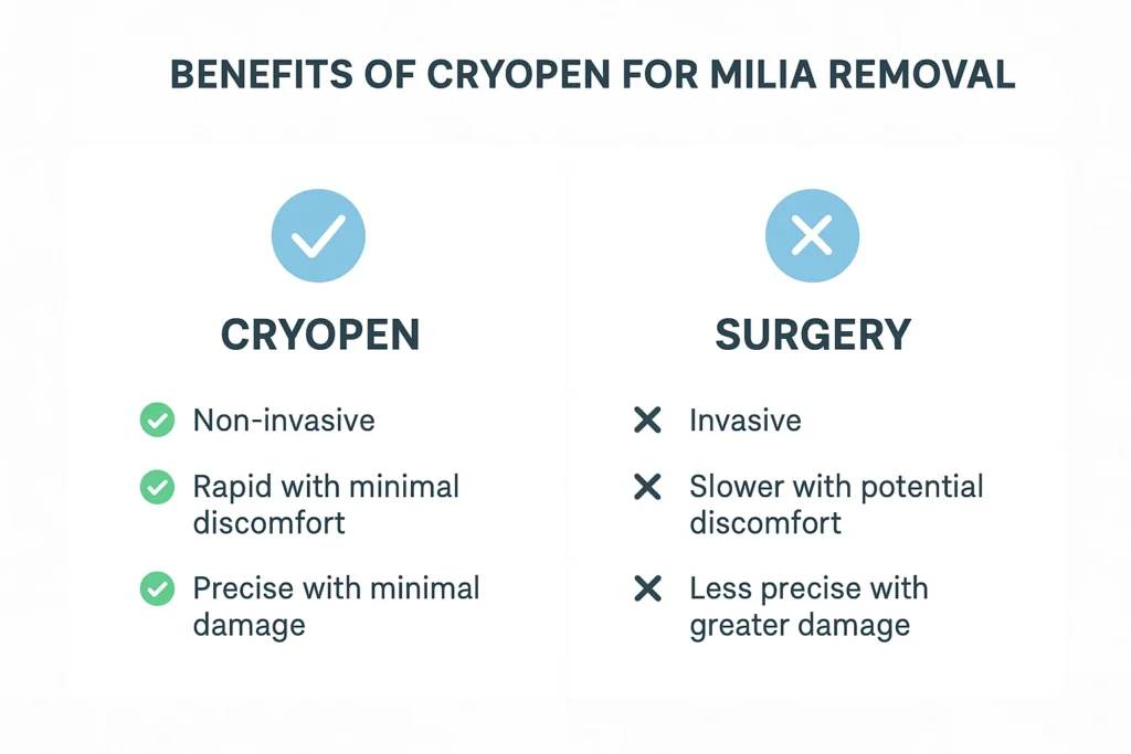 Benefits of cryopen for milia removal Kingston Hill compared to surgical treatments.