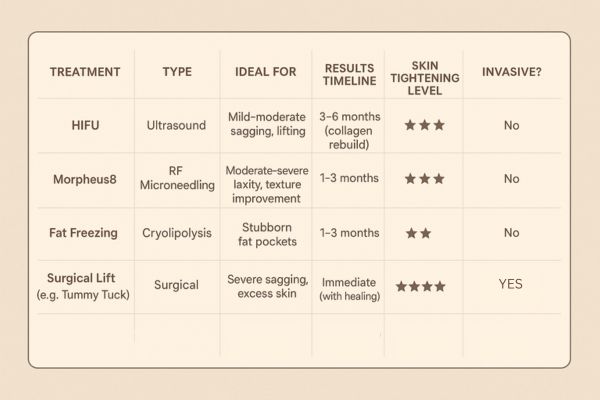 Table showing the comparisons of Skin tightening Kingston Hill treatment options.